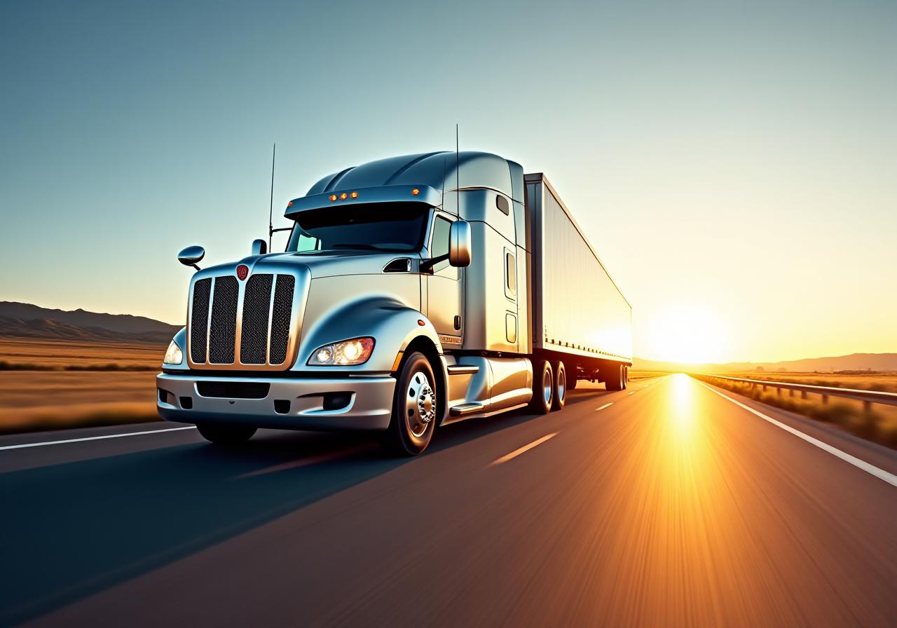 Modern semi-truck on an open highway at sunset